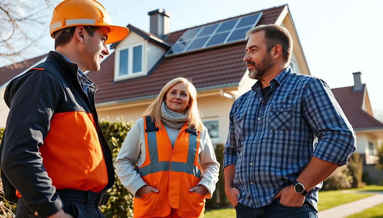 Solar-Fachbetrieb berät Hausbesitzer vor einem Haus mit Photovoltaikanlage