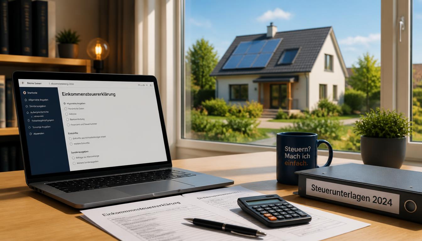 Laptop mit Steuererklärung vor einem Haus mit Photovoltaikanlage