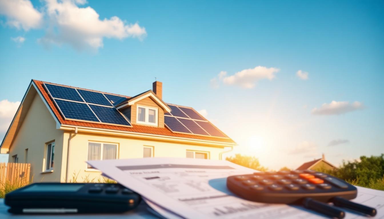Einfamilienhaus mit Photovoltaikanlage, Taschenrechner und Steuerunterlagen