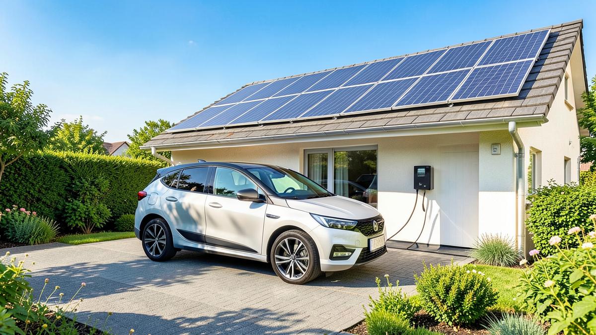 Elektroauto lädt an einer Wallbox vor einem Haus mit Photovoltaikanlage