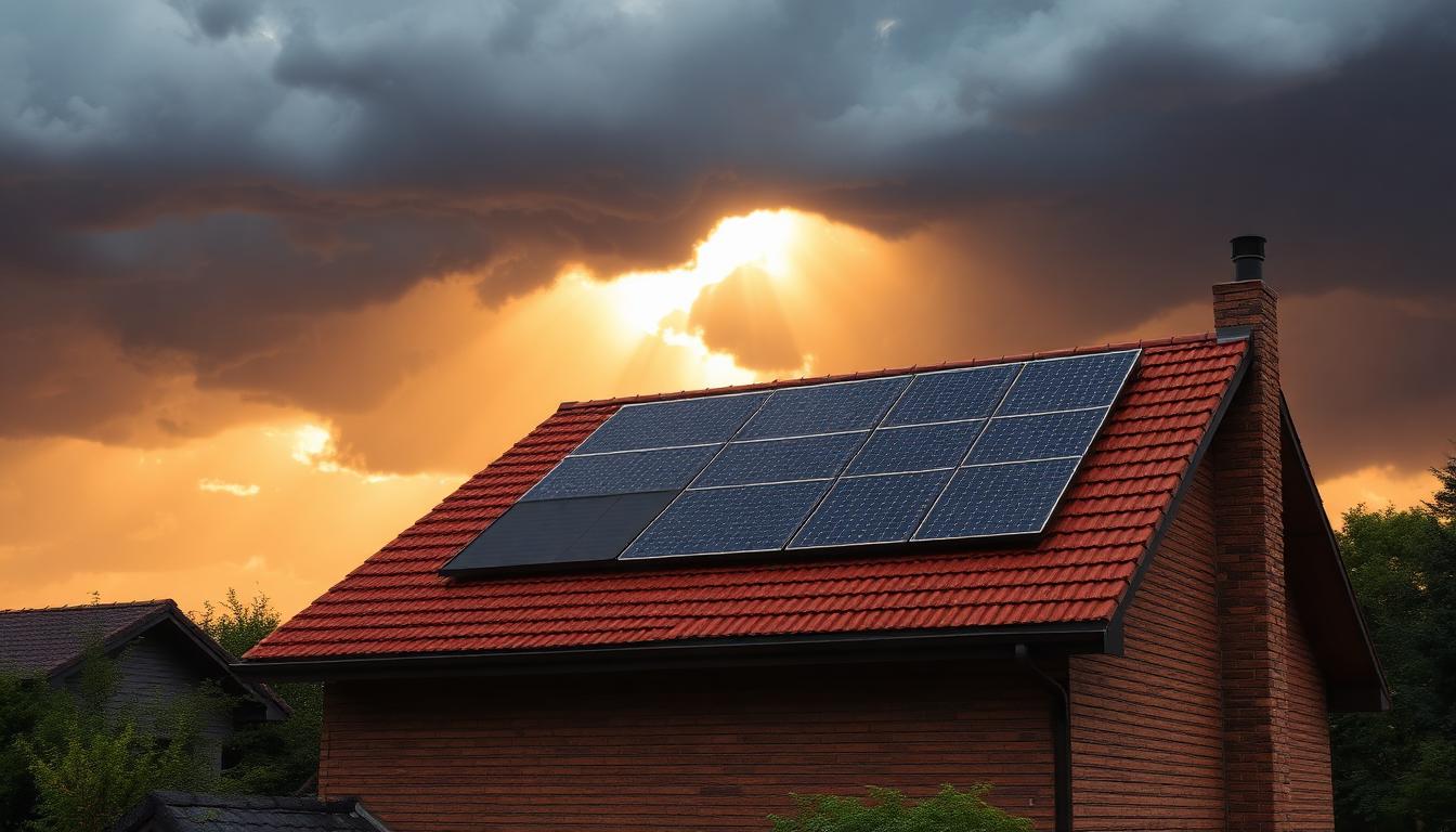 Haus mit Photovoltaikanlage unter Gewitterhimmel