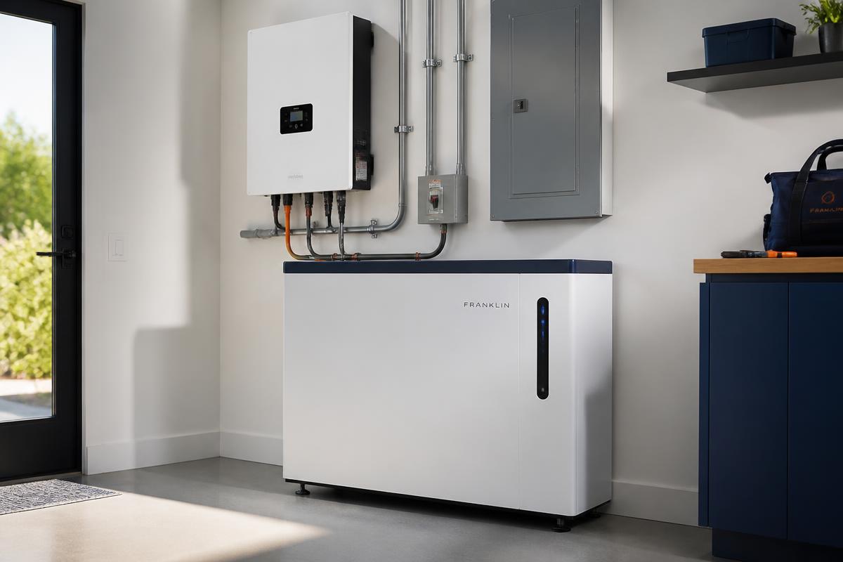 Batteriespeicher mit Wechselrichter und Sicherungstechnik in einem Hauswirtschaftsraum